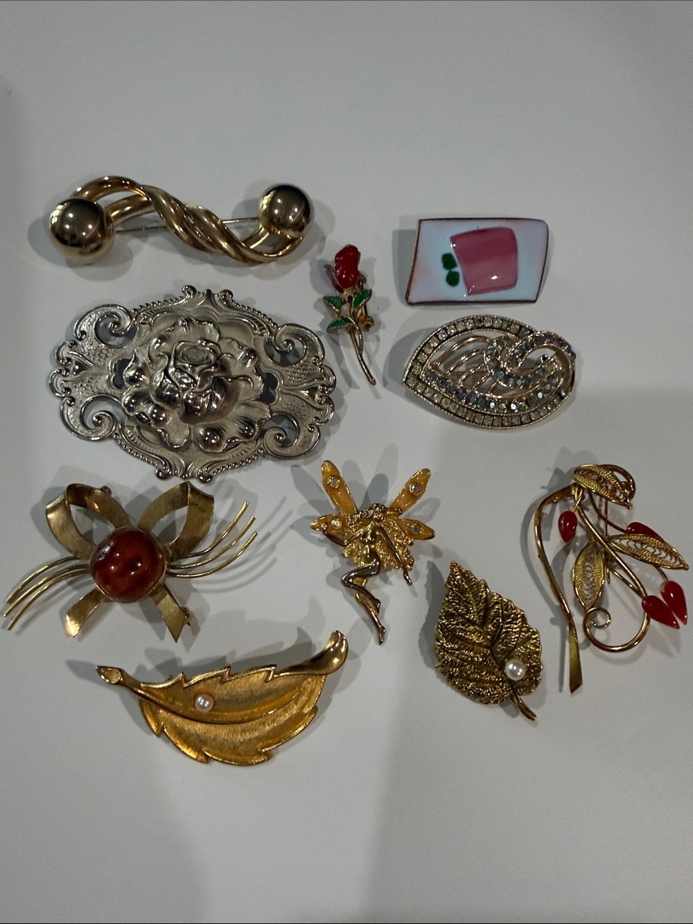 Vintage lot of 10 Assorted Fairy Floral Leaf AB Rhinestones Brooch Pin Set